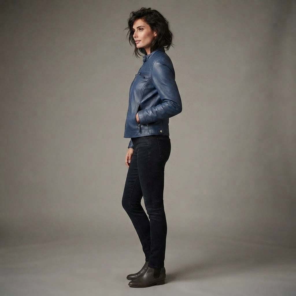 Women's Navy Blue Leather Racer Jacket