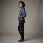 Women's Navy Blue Leather Racer Jacket