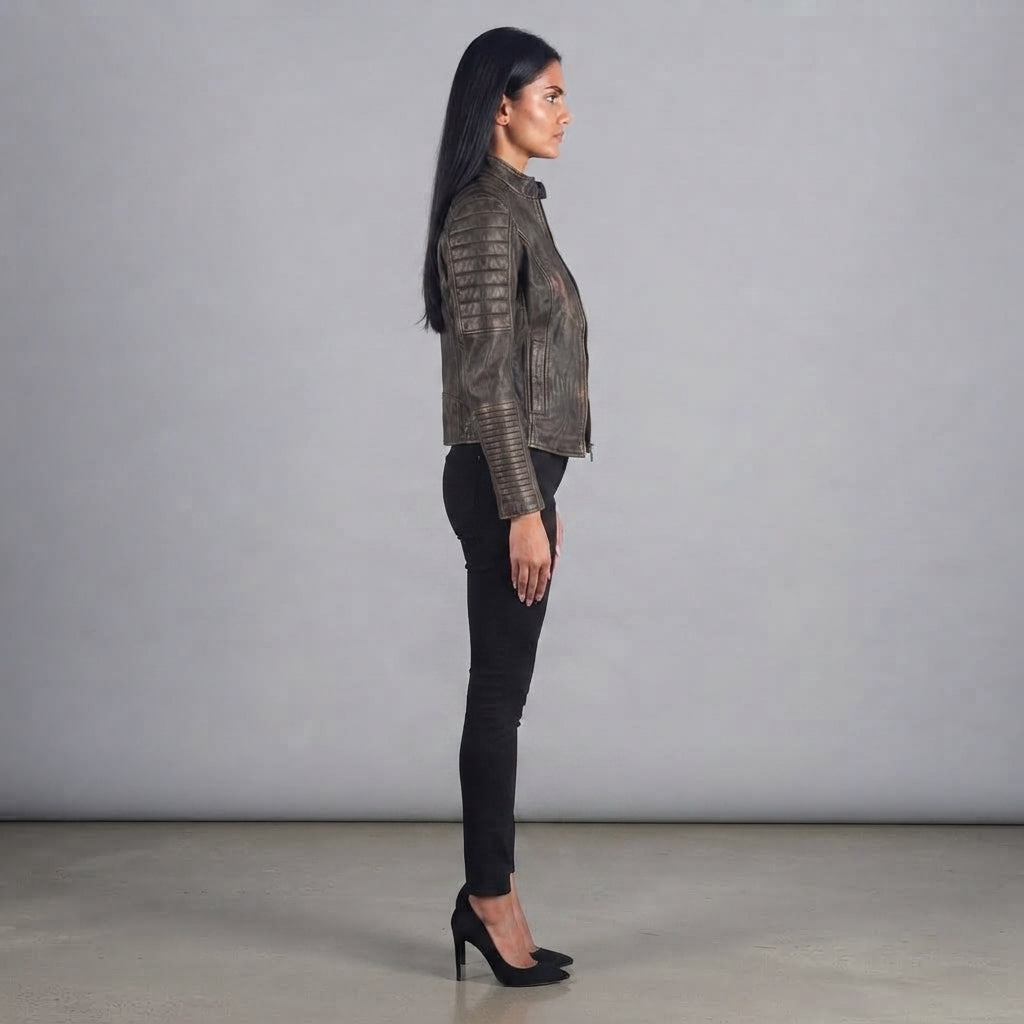 Women's Dark Brown Rub-off Cafe Racer Jacket