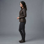 Women's Dark Brown Rub-off Belted Leather Jacket