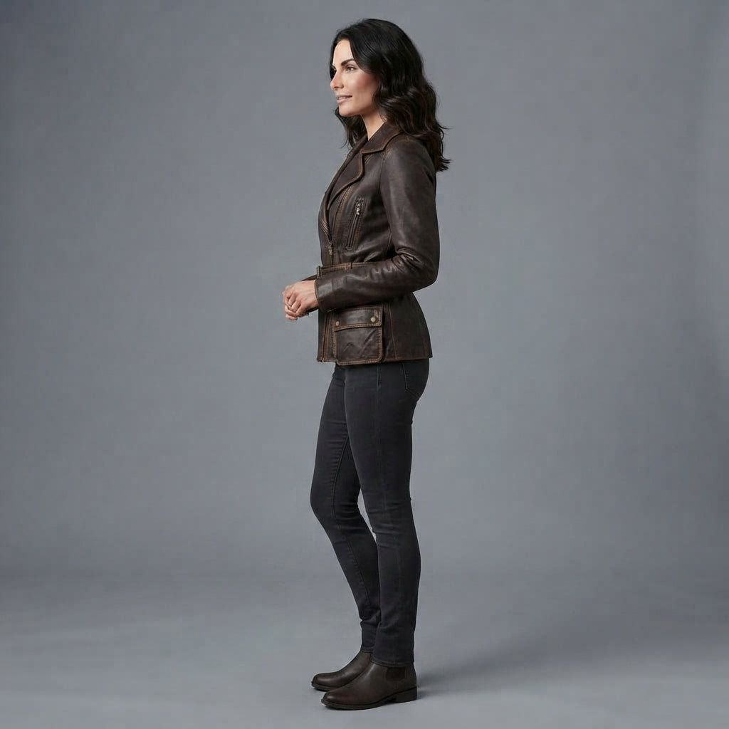 Women's Dark Brown Rub-off Belted Leather Jacket