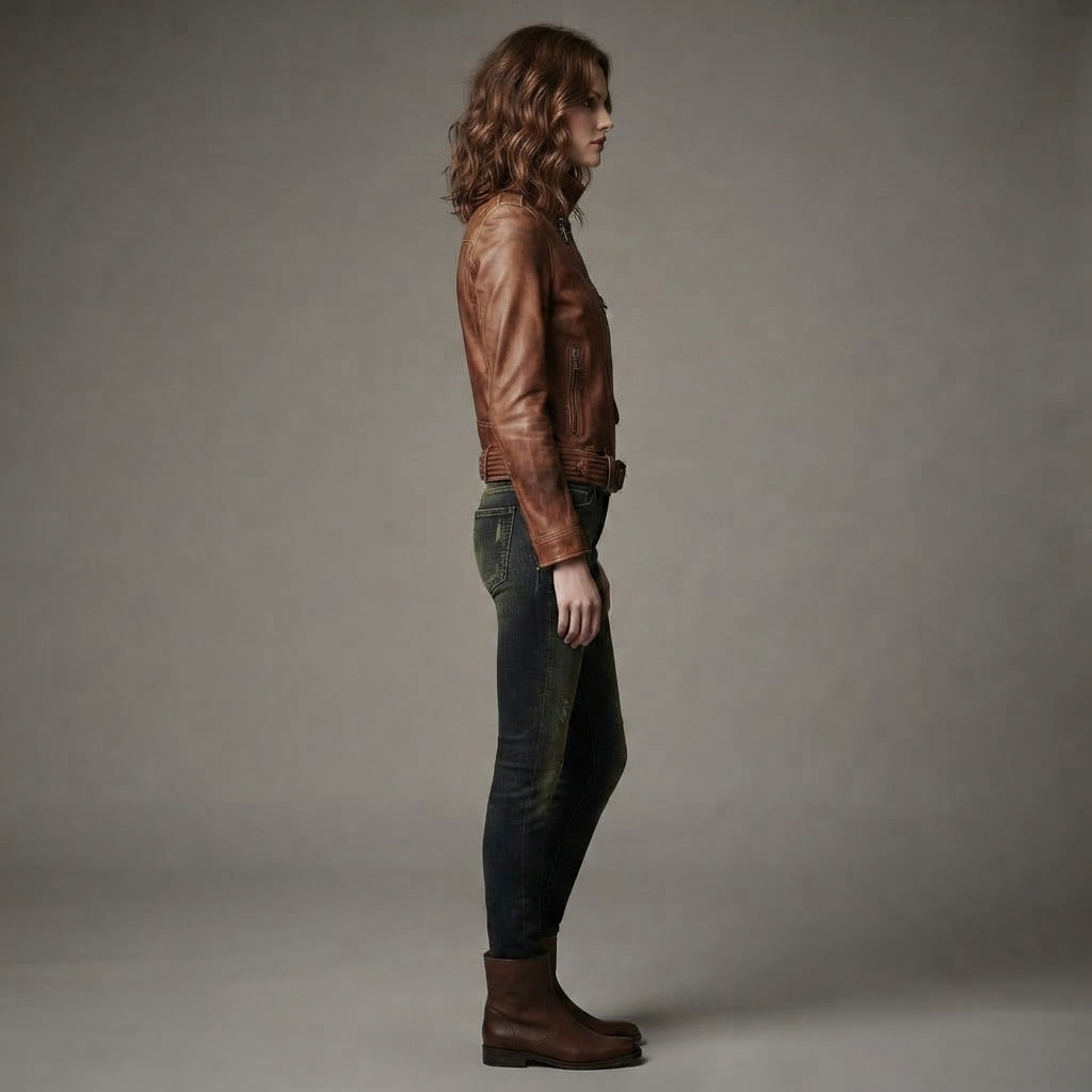 Women's Tan Distressed Leather Racer Jacket
