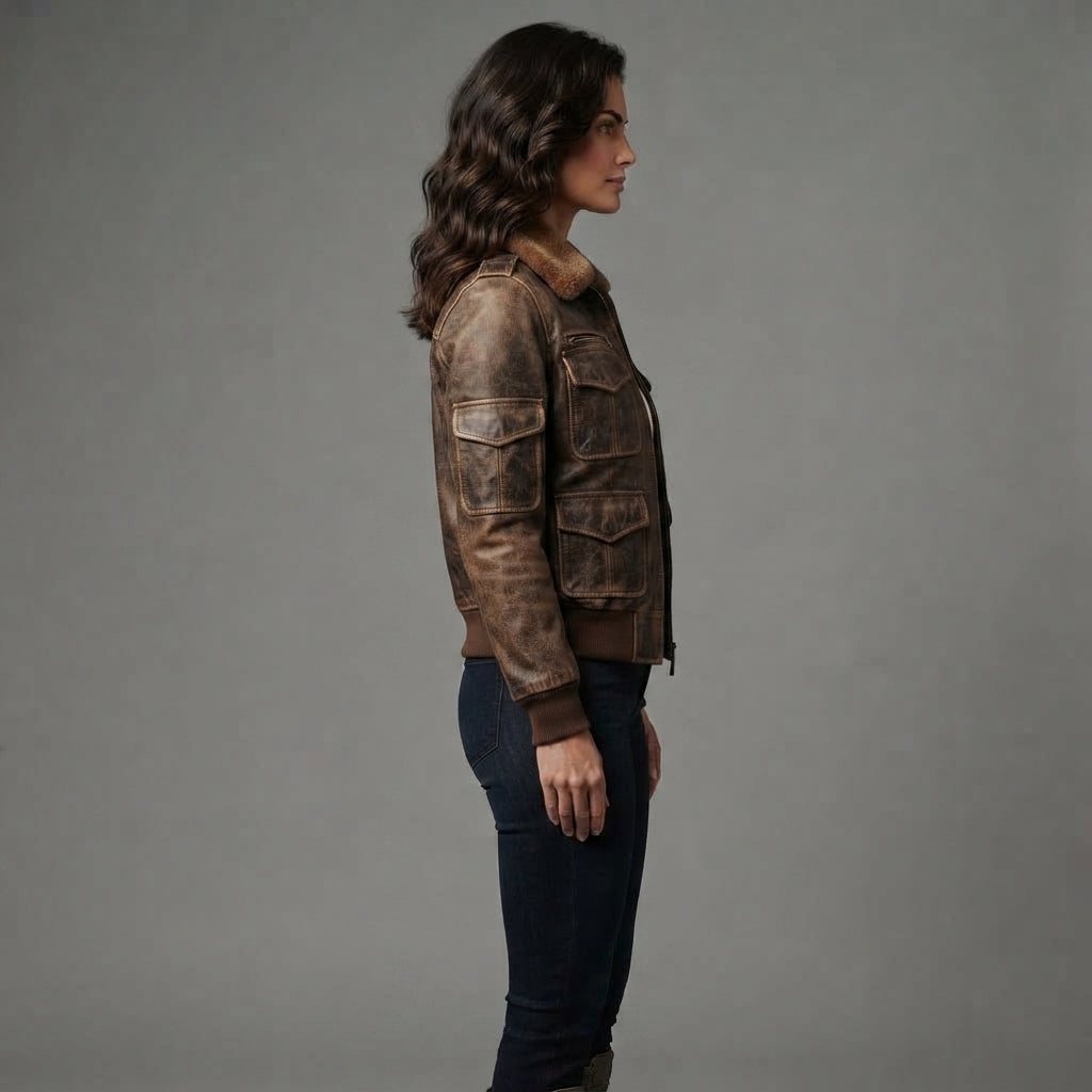 Women's Brown Distressed Leather Flight Jacket
