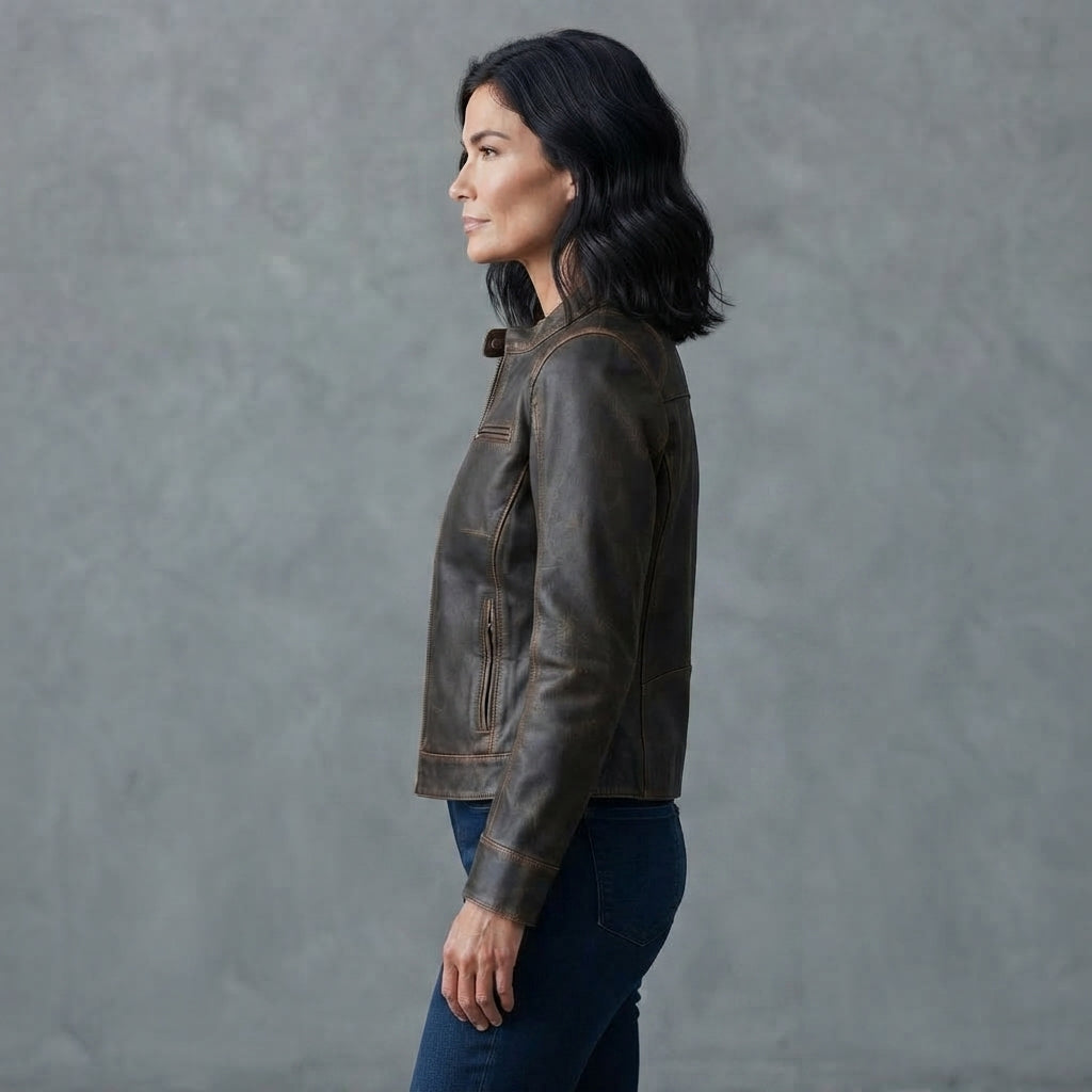 Women's Dark Brown Distressed Leather Jacket