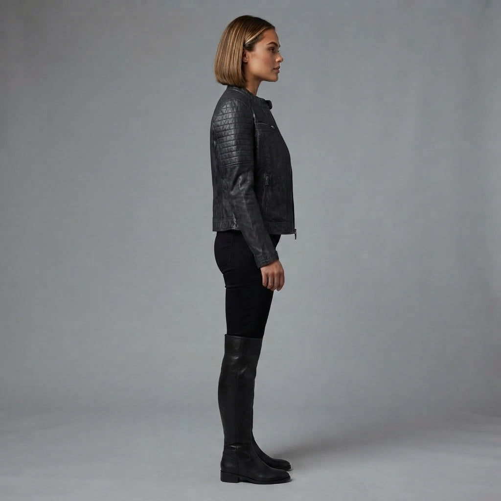 Women's Black Distressed Racer Leather Jacket