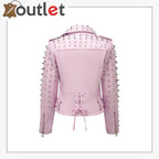 Soft Pink Studded Leather Biker Jacket