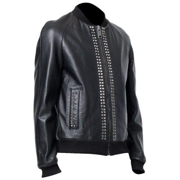 Mens Black Designer Metal Studded Bomber Jacket