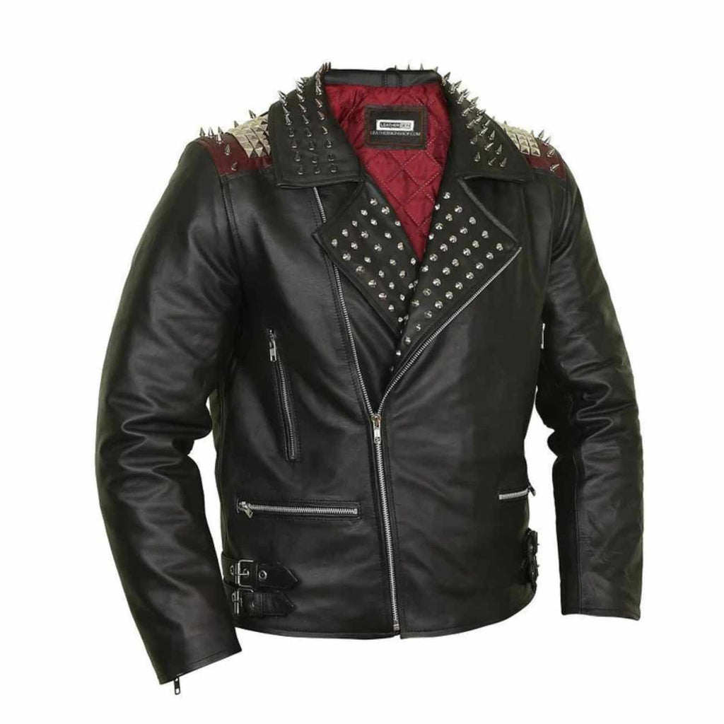 Studded Leather Jackets for Men With Red Lining