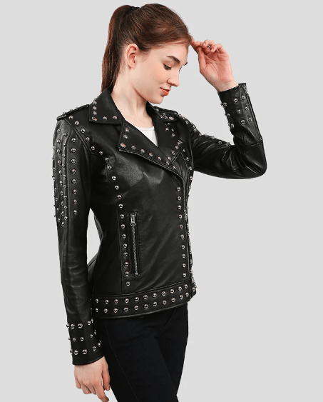 Women's Black Studded Leather Biker Jacket - Edgy Motorcycle Look