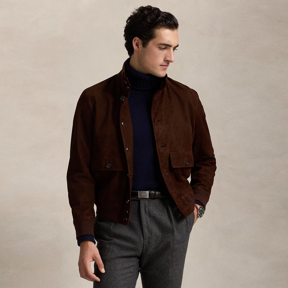 Men's Brown Suede Leather Bomber Jacket Real Soft Goatskin Leather Biker Suede Coat