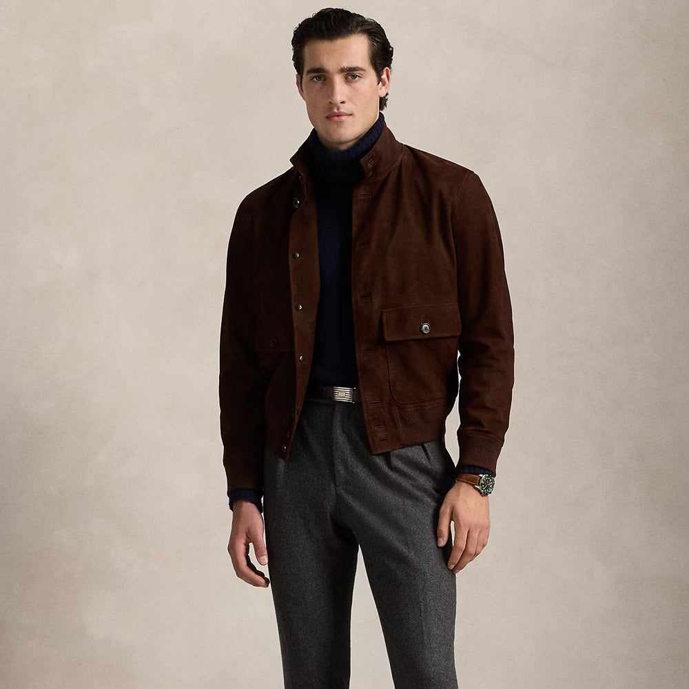 Men's Brown Suede Leather Bomber Jacket Real Soft Goatskin Leather Biker Suede Coat