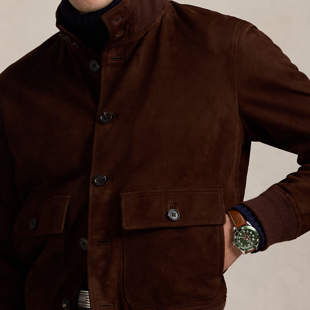 Men's Brown Suede Leather Bomber Jacket Real Soft Goatskin Leather Biker Suede Coat