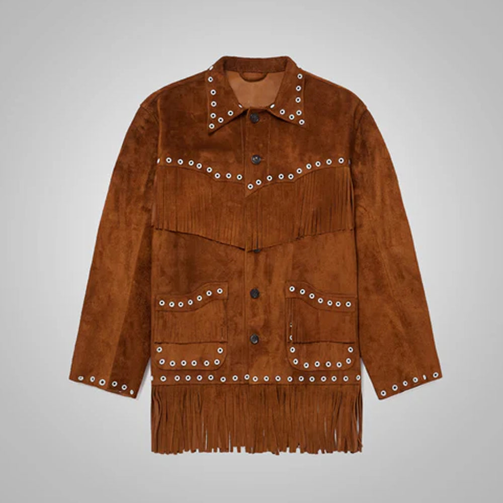 Men's Brown Suede Leather Jacket With Fringe Western Cowboy Style
