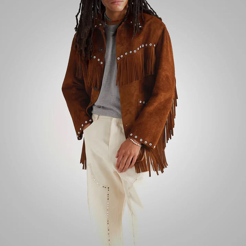 Men's Brown Suede Leather Jacket With Fringe Western Cowboy Style