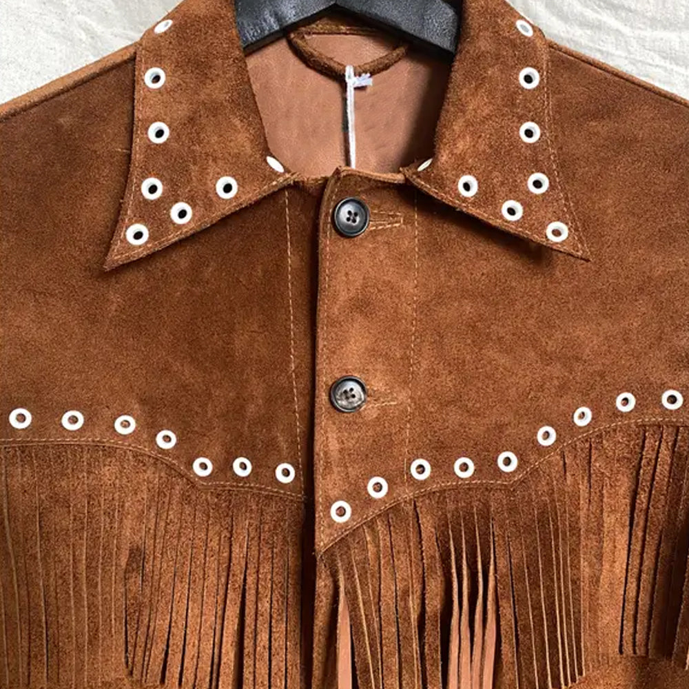 Men's Brown Suede Leather Jacket With Fringe Western Cowboy Style