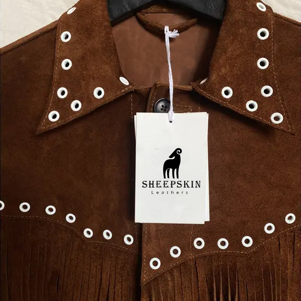 Men's Brown Suede Leather Jacket With Fringe Western Cowboy Style