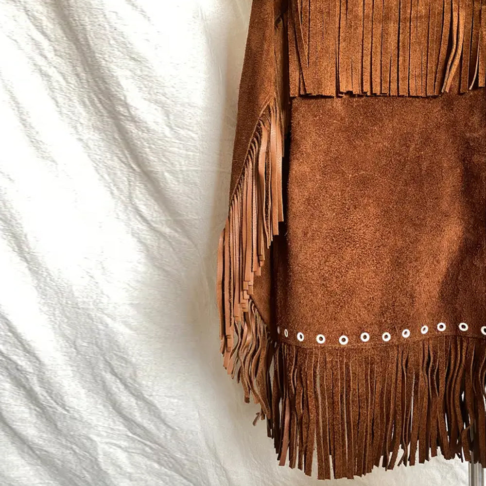 Men's Brown Suede Leather Jacket With Fringe Western Cowboy Style