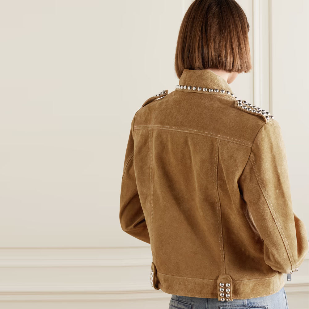New Women's Suede Leather Western Studded Brown Jacket