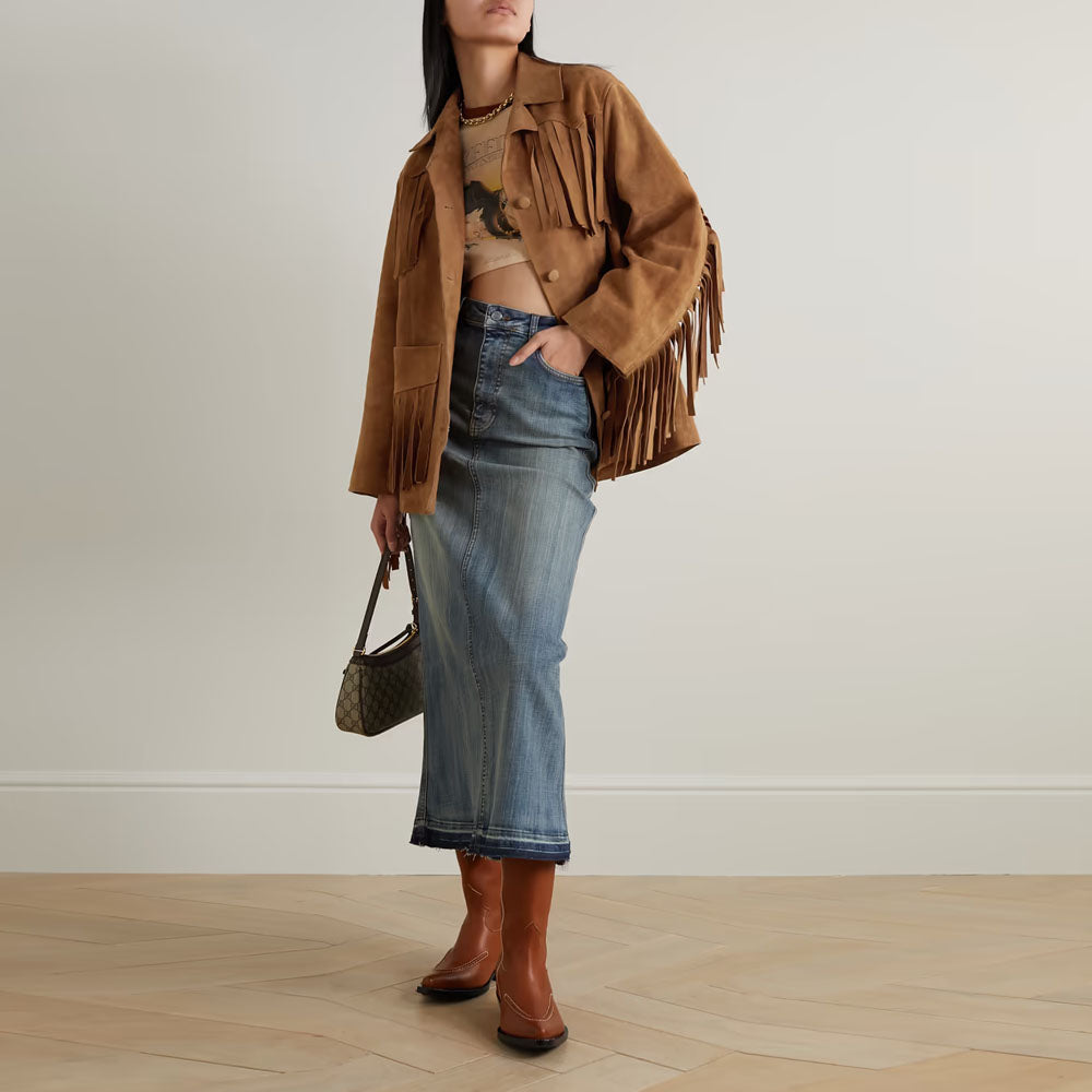 New Women Brown Fringe Western Leather Suede Jacket