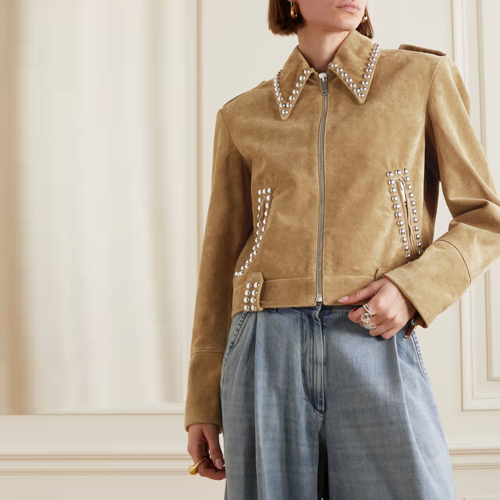 New Women's Suede Leather Western Studded Brown Jacket