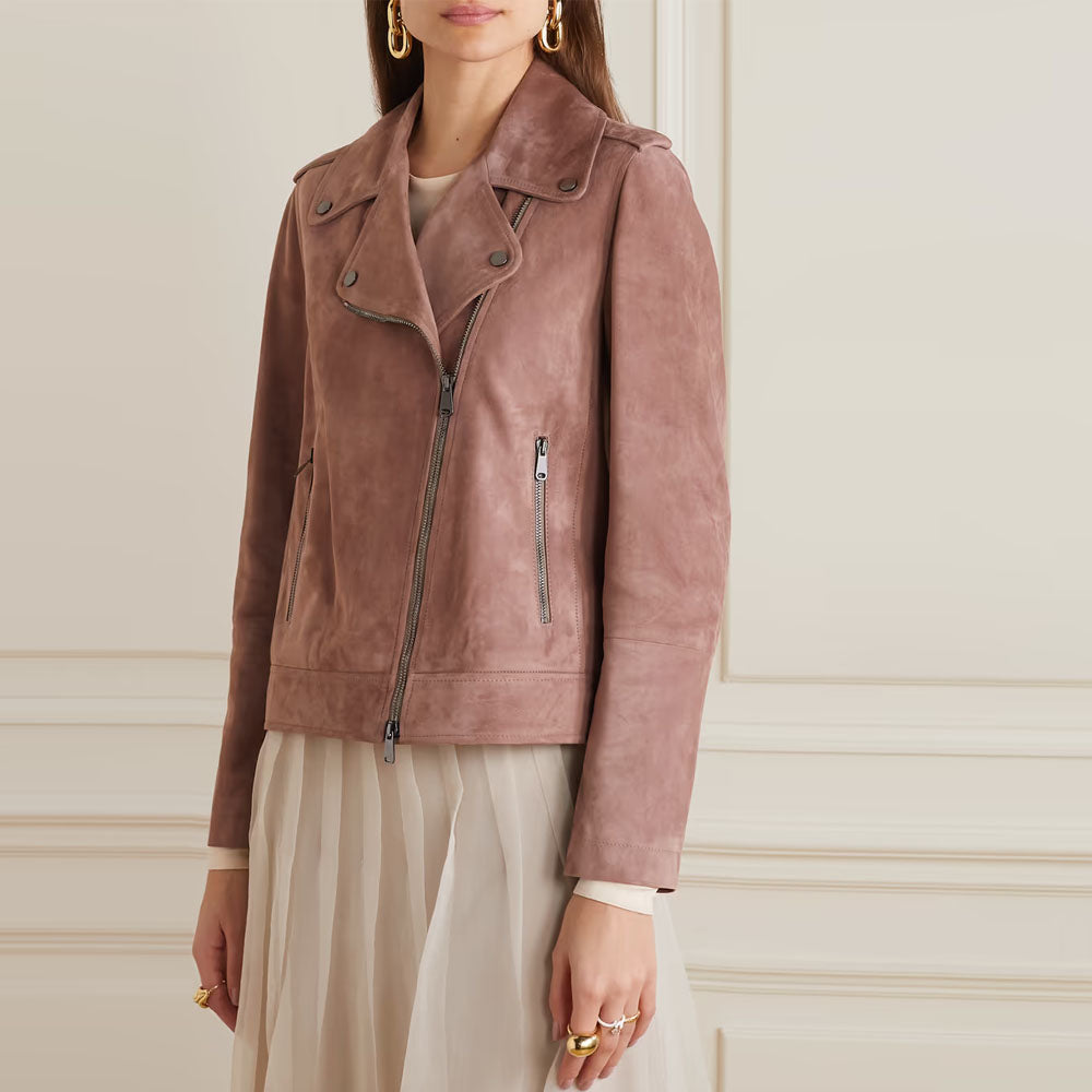 New Pink Biker Western Lambskin Women Suede Jacket