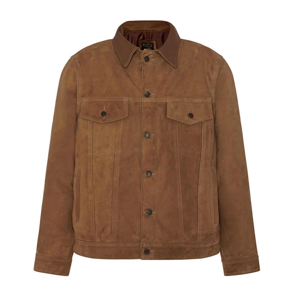 Men's Brown Leather Trucker Jacket Shirt Collar Pure Soft Suede Leather Jacket