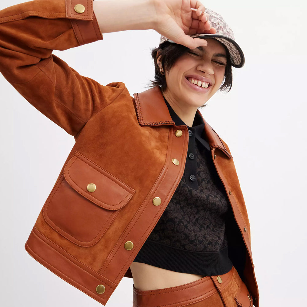 Women Brown Braided Western Suede Leather Jacket