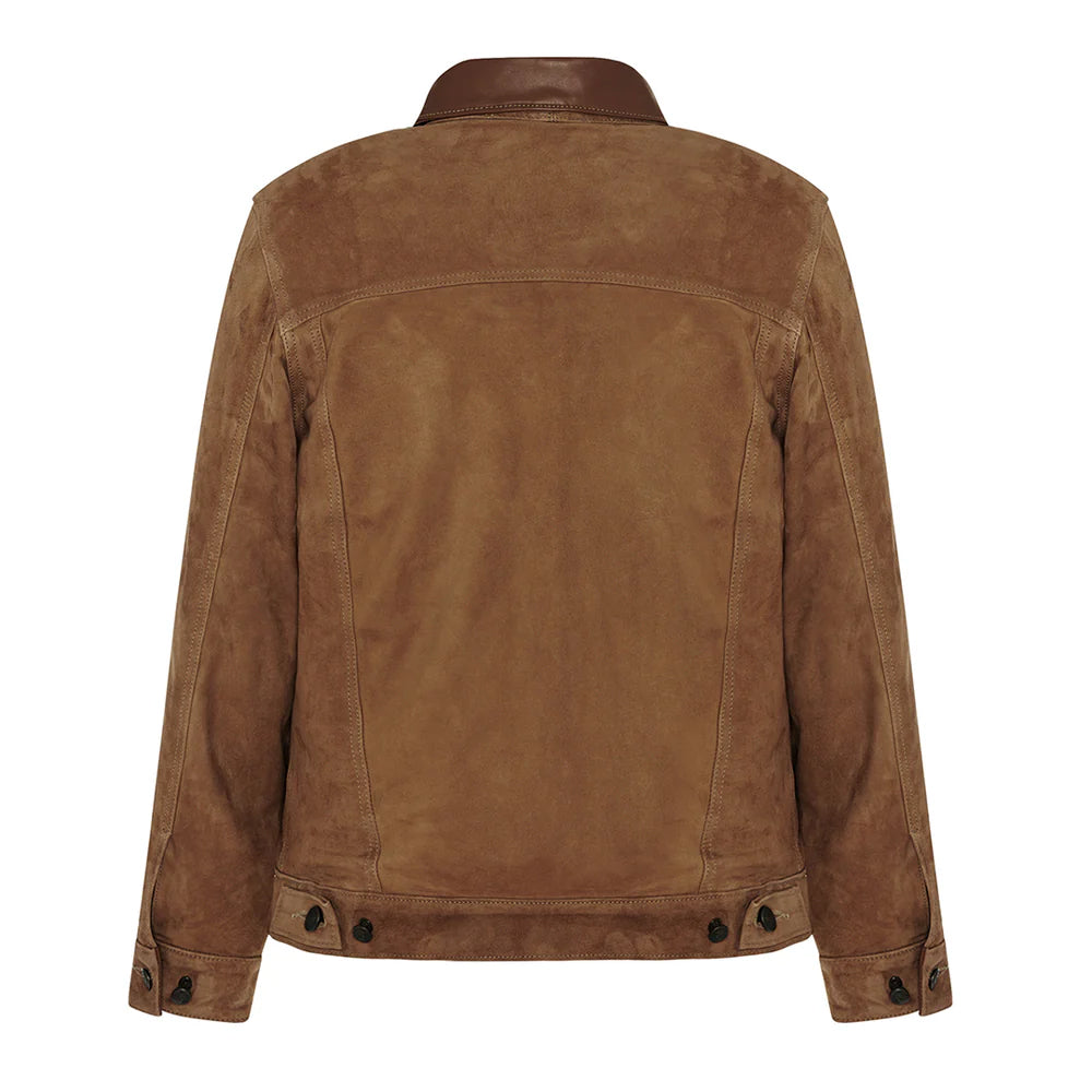 Men's Brown Leather Trucker Jacket Shirt Collar Pure Soft Suede Leather Jacket