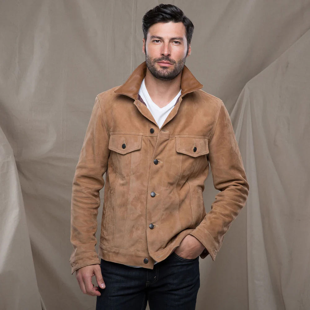 Men's Brown Leather Trucker Jacket Shirt Collar Pure Soft Suede Leather Jacket