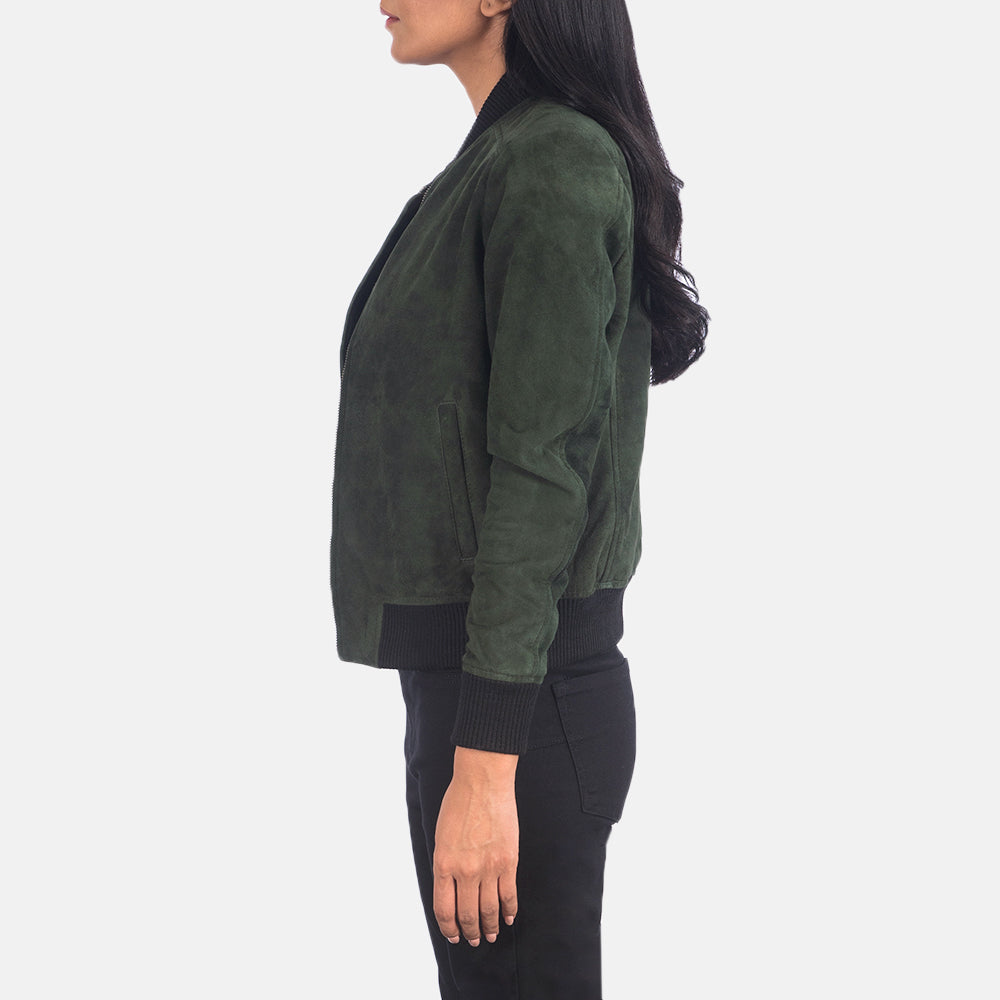 New Women Green Bomber Western Leather Suede Jacket