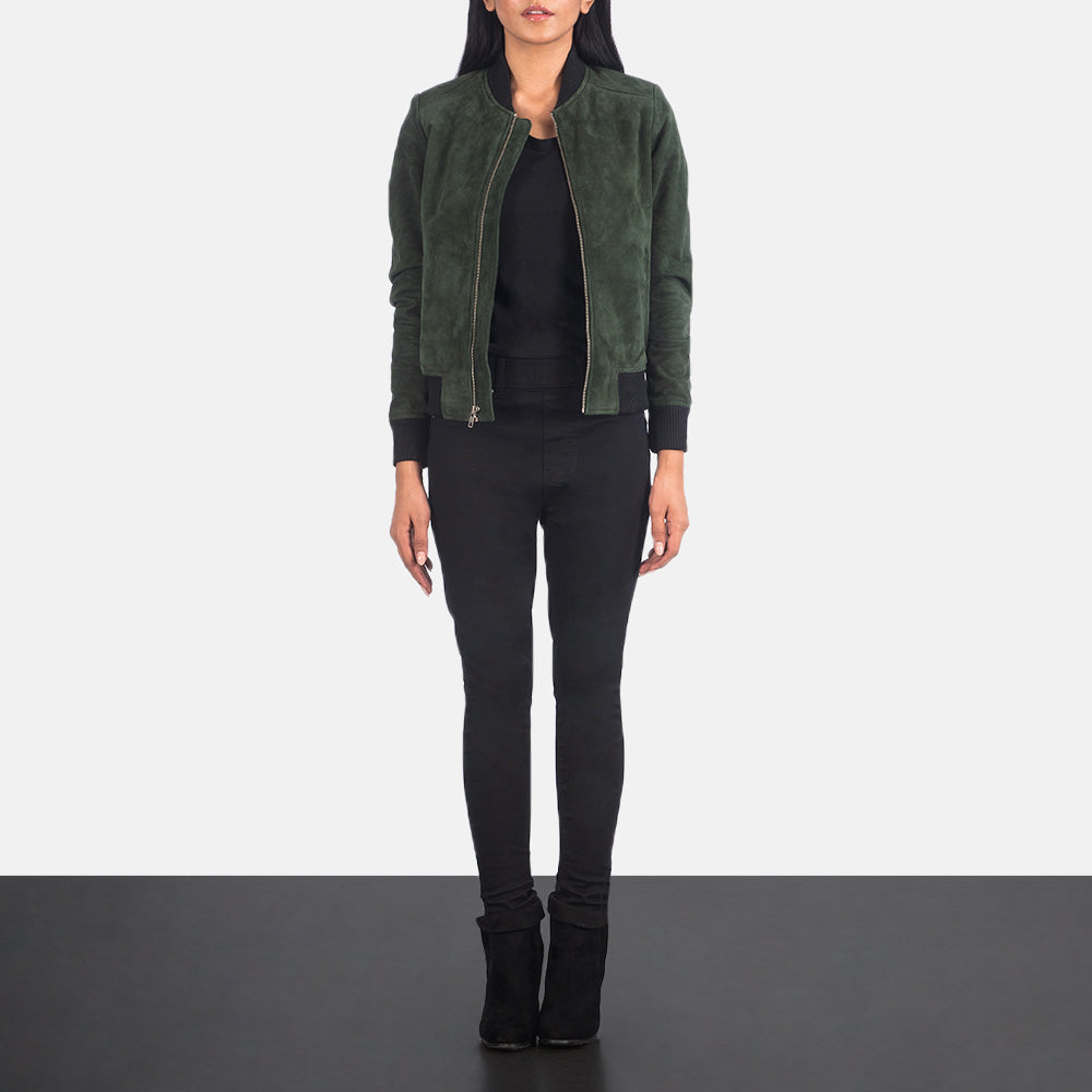 New Women Green Bomber Western Leather Suede Jacket