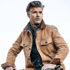 Men's Brown Leather Trucker Jacket Shirt Collar Pure Soft Suede Leather Jacket