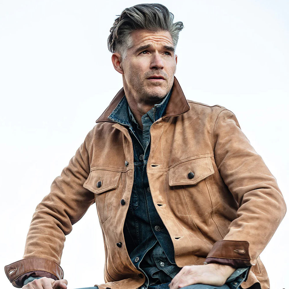 Men's Brown Leather Trucker Jacket Shirt Collar Pure Soft Suede Leather Jacket