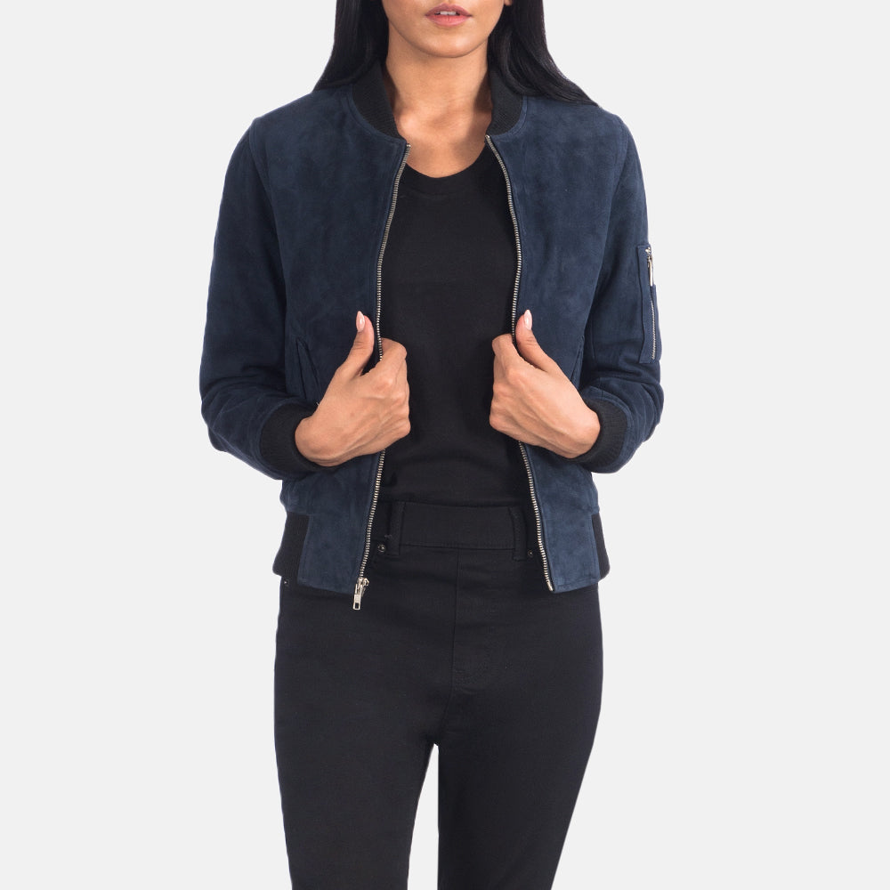 New Women Blue Western Bomber Leather Suede Jacket