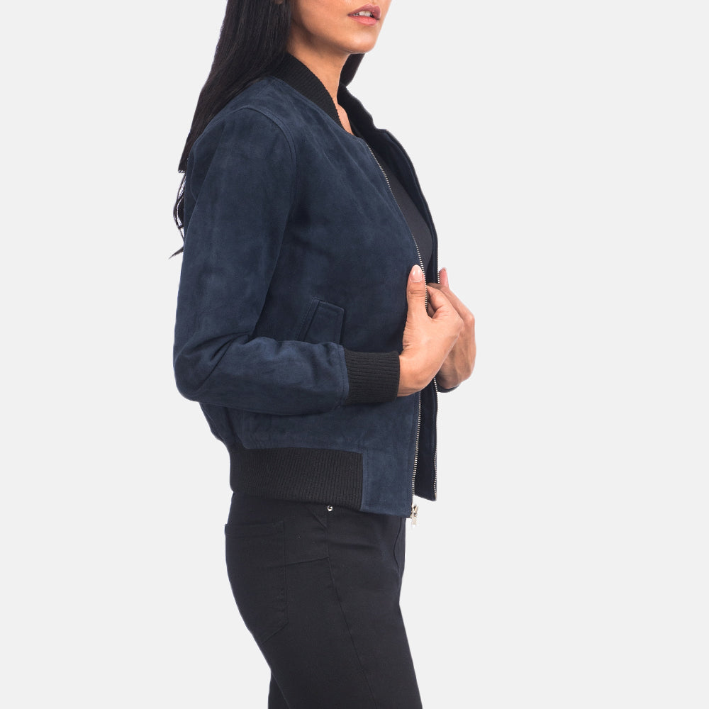 New Women Blue Western Bomber Leather Suede Jacket