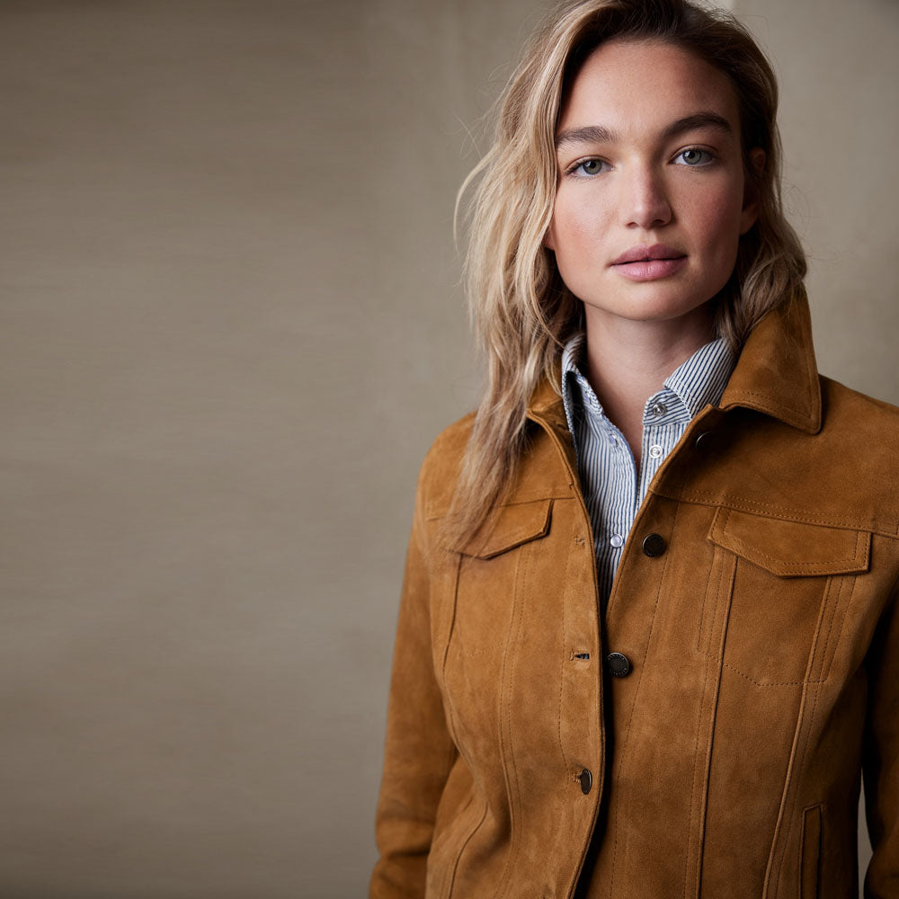 New Brown Trucker Western Women's Suede Leather Jacket