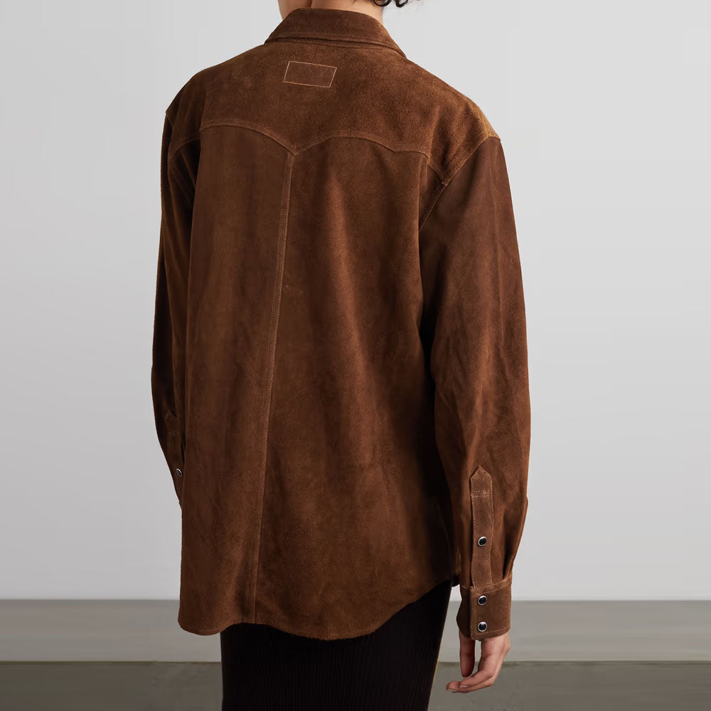 New Women Brown Trucker Shirt Style Western Suede Leather Jacket