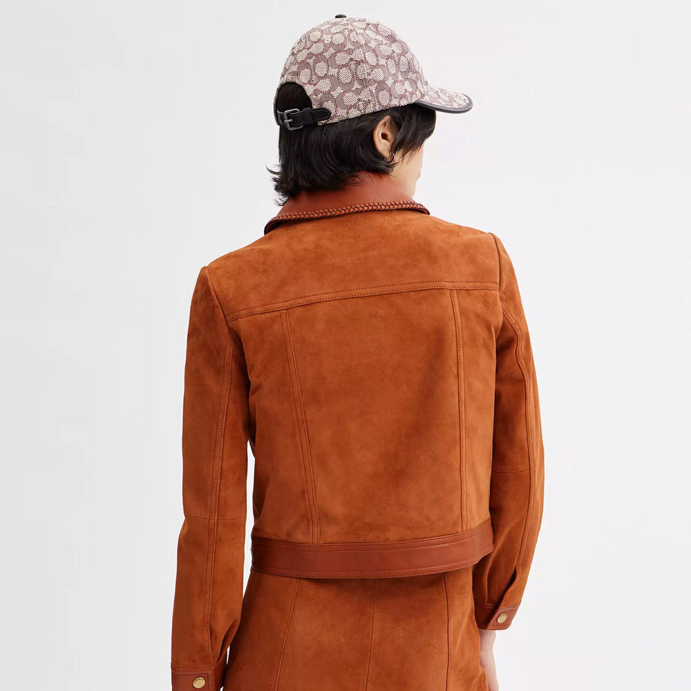 Women Brown Braided Western Suede Leather Jacket