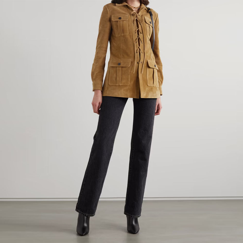 Women New Western Lace-up camel Brown Leather Suede Jacket