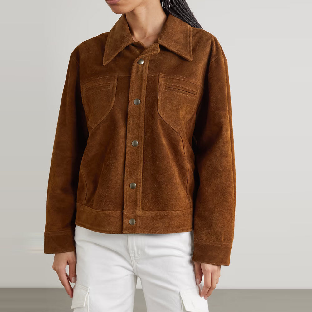 New Women Brown Trucker Western Lambskin Leather Suede Jacket
