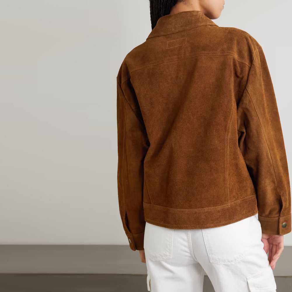 New Women Brown Trucker Western Lambskin Leather Suede Jacket