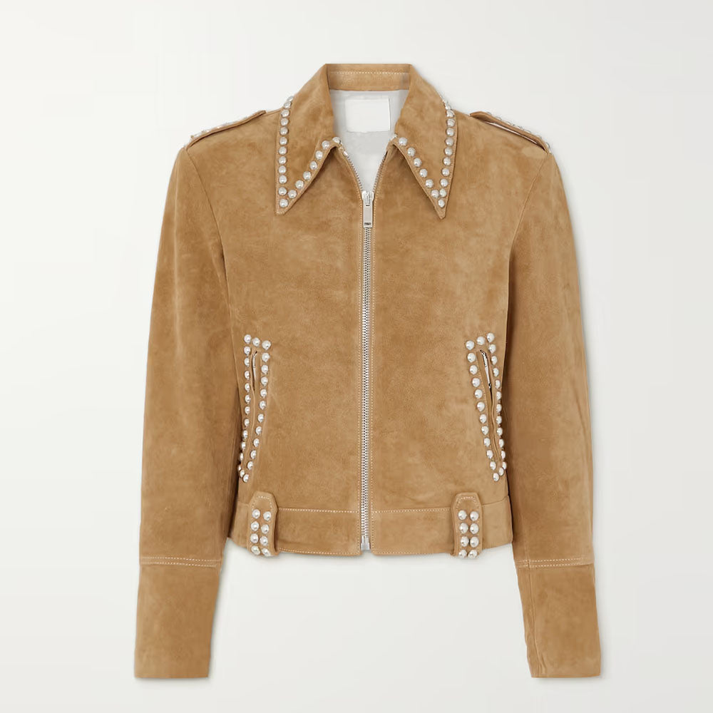New Women's Suede Leather Western Studded Brown Jacket