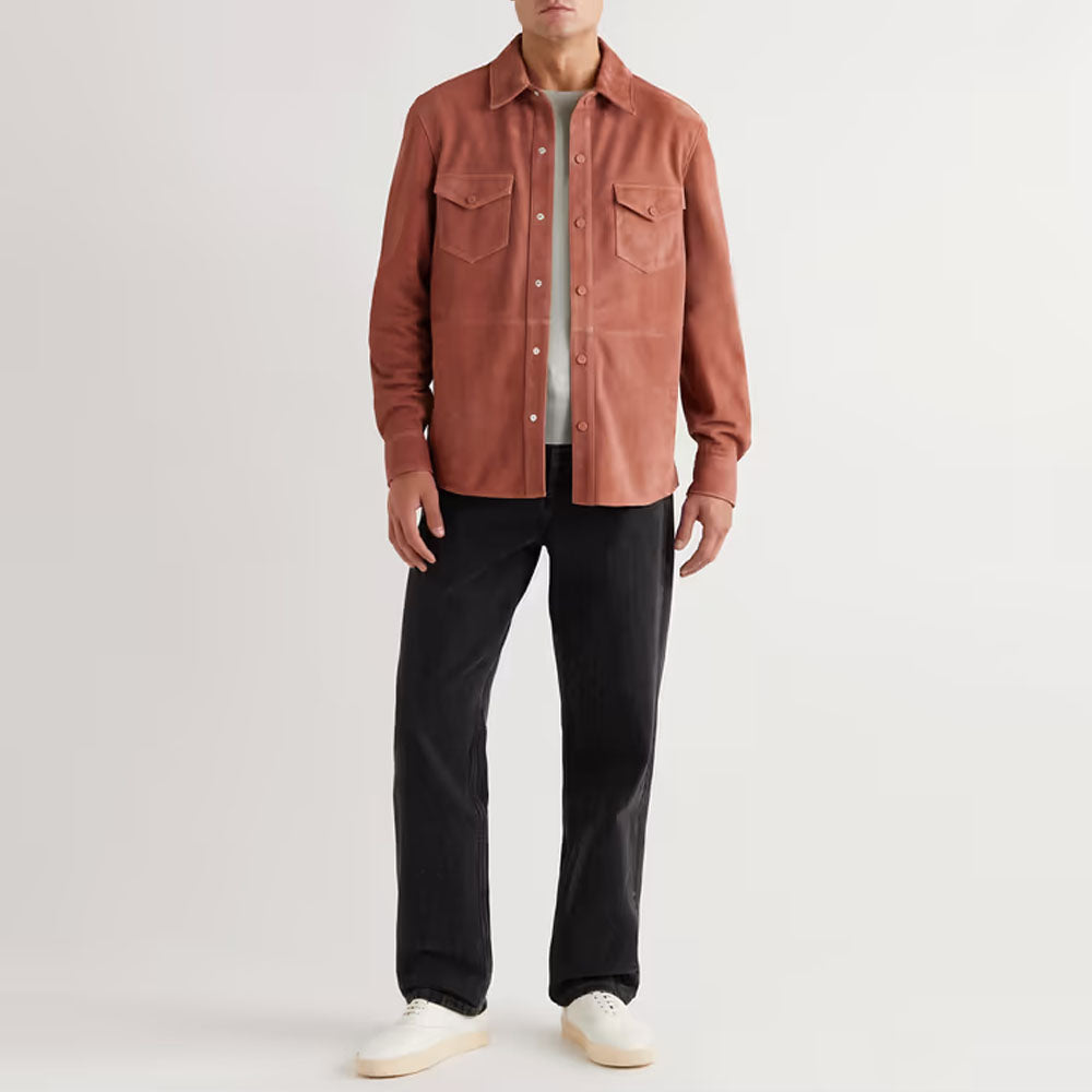 Men's Pink Lambskin Suede Leather Shirt Jacket