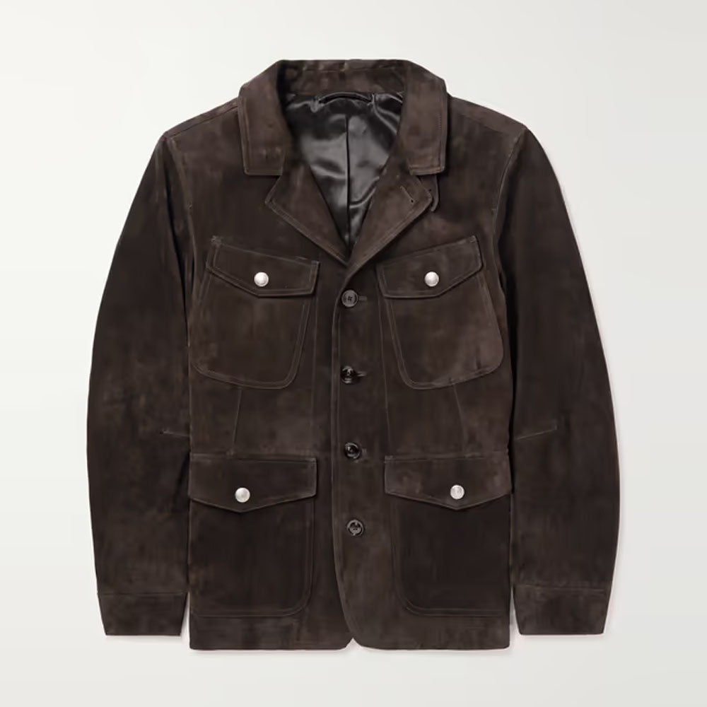 Men Dark Brown Sheepskin Trucker Suede Leather Jacket