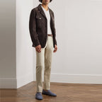 Men Dark Brown Sheepskin Trucker Suede Leather Jacket