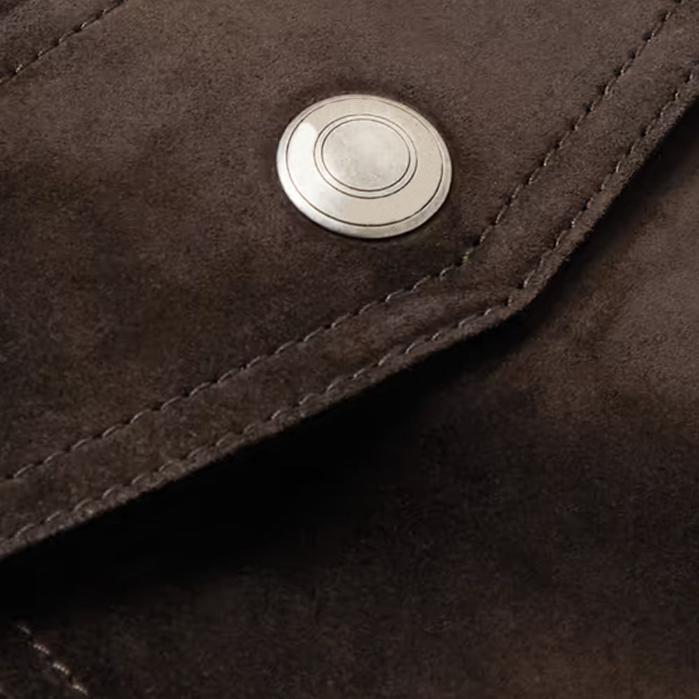 Men Dark Brown Sheepskin Trucker Suede Leather Jacket