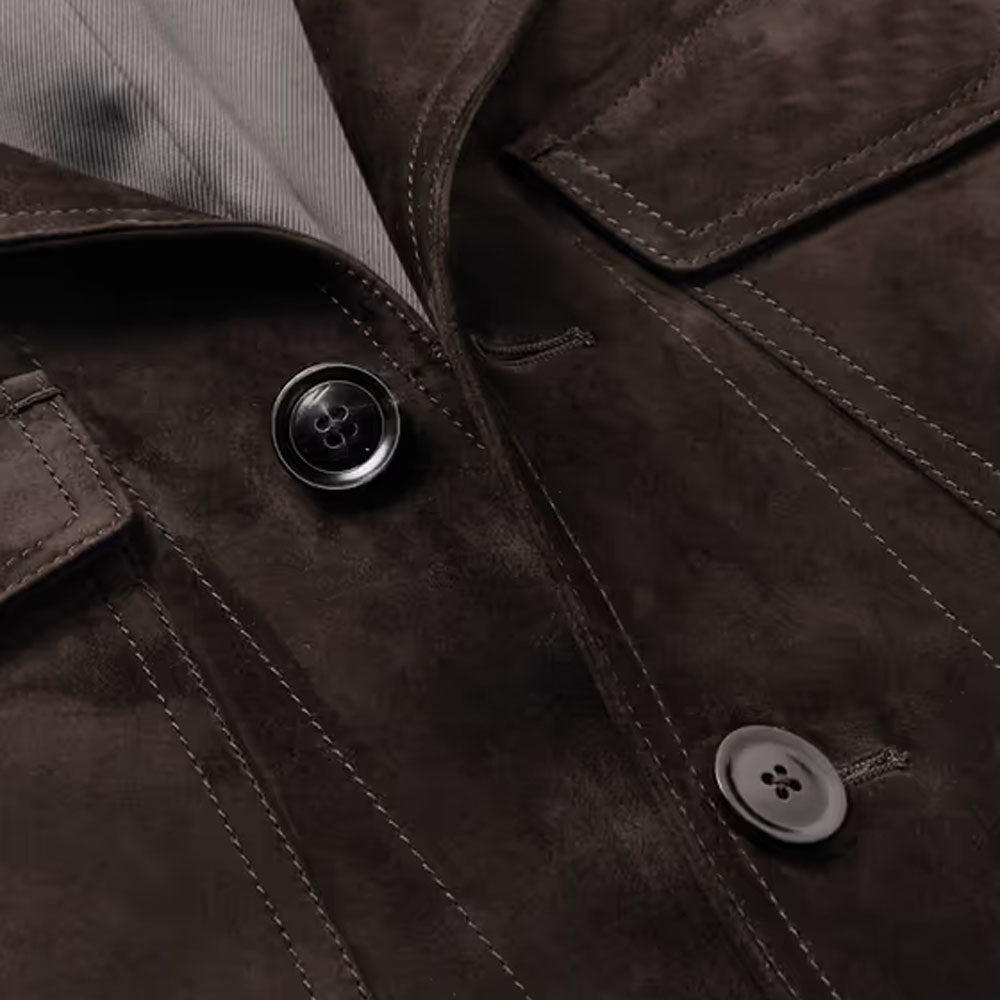 Men Dark Brown Sheepskin Trucker Suede Leather Jacket