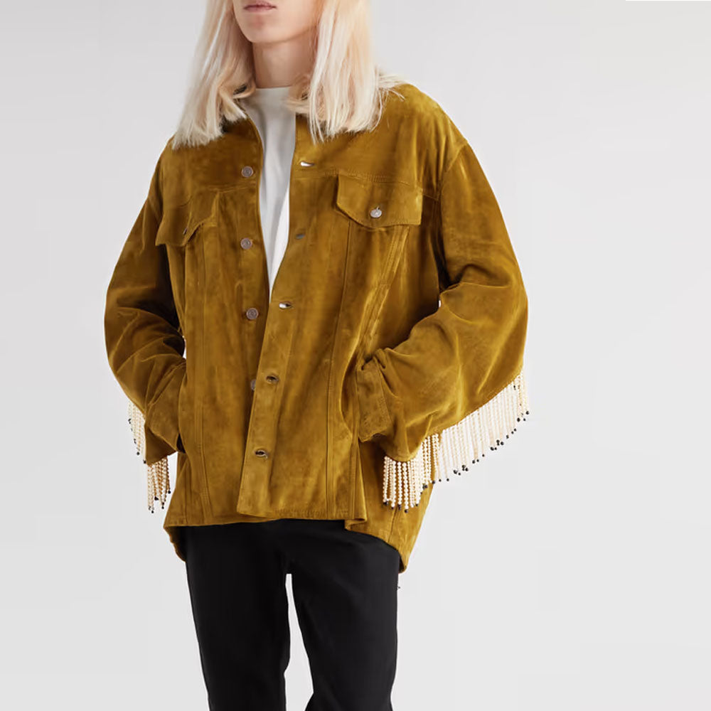 Men Brown Trucker Cowboy Faux Pearl Sheepskin Suede Leather Jacket