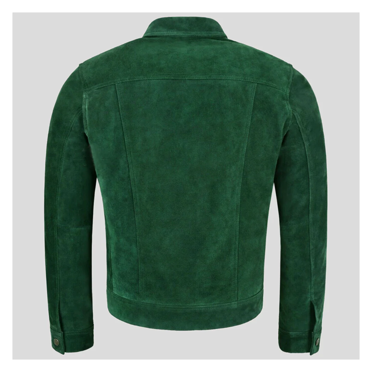 New Mens Green Sheepskin Trucker Style Suede Leather Jacket