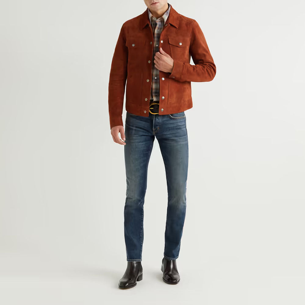 Men Sheepskin Red Trucker Suede Leather Jacket